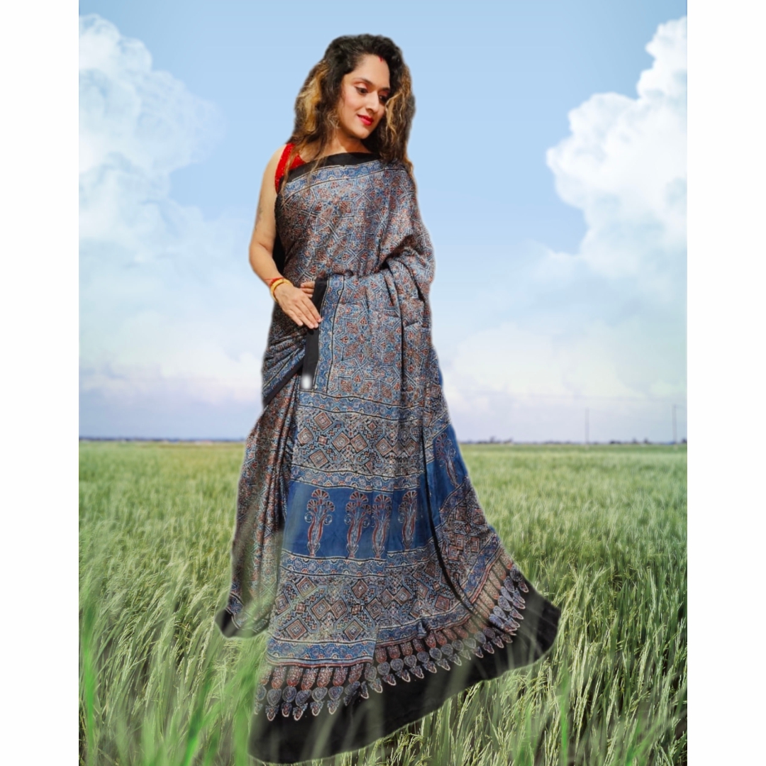 Ajrakh Modal Silk Saree – Clo.Th